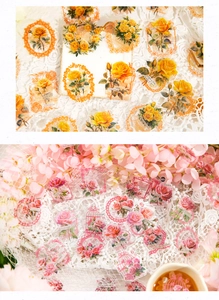 Détails macro d'autocollants PET roses vintage avec motifs dentelle pour journaling