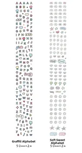 Detail view of colorful doodle and sweet alphabet washi tapes for scrapbooking