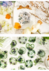 Gros plan d'autocollants PET de fleurs vintage avec roses et texte rétro pour scrapbooking