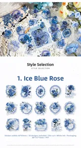 Détail des autocollants en PET roses bleu glacé aux motifs floraux vintage pour scrapbooking