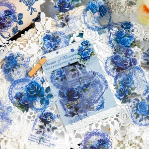 Set de stickers PET roses bleues vintage, série Dream of Flowers pour scrapbooking