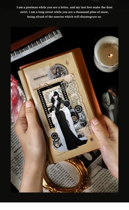 Detail of vintage gothic anime PET stickers on a kraft notebook with film and clock motifs