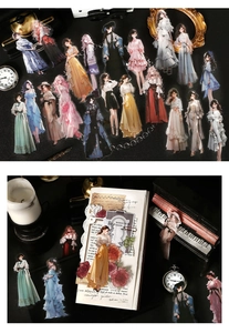 Detail of vintage PET girl stickers featuring Victorian style and elegant dream dresses