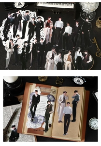 Detail of vintage anime male character stickers for DIY journal scrapbooking decoration
