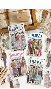 Macro shot of 30pcs illustrated person deco stickers for journaling in retro themes