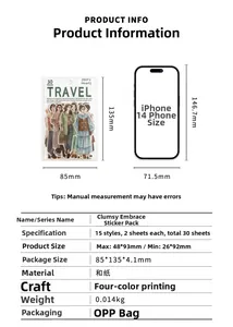 Size chart showing washi paper stickers compared to an iPhone 14 for scale and dimensions