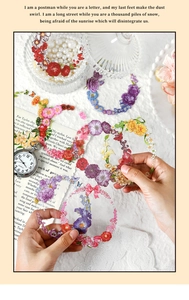 Floral PET stickers for journaling with colorful vintage flower wreaths and retro props