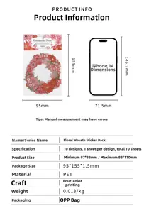 Size comparison of PET floral wreath stickers with detailed product specifications