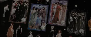 Flat lay of Romance vintage anime character PET stickers with decorative retro props