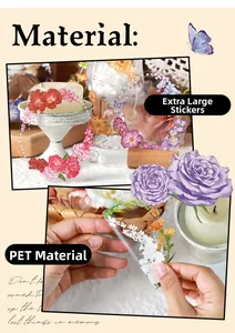 Macro detail of large transparent PET floral stickers for scrapbooking and DIY journals