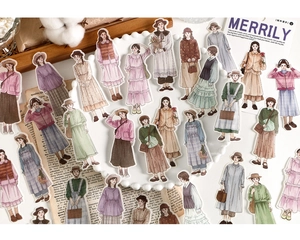 Flat lay of vintage girl stickers with Morandi colors and retro artistic accessories