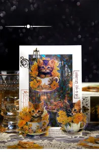 Detail of cat themed laser stickers with aurora effect and vintage floral teacup designs