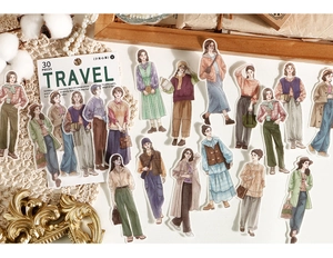 Detail of 30pcs Japanese style stickers with stylish illustrations on vintage wooden tray