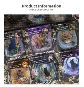 Detailed view of cat themed journal stickers featuring various cat breeds and artistic patterns