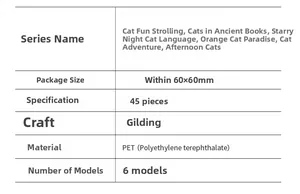 Detailed size and material chart for PET cat stickers with gold foil specifications