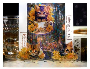 Macro view of vintage laser glitter cat stickers on glass with shimmering details