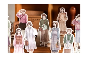 Close-up of vintage girl stickers with hand-drawn illustrations on a wooden shelf background