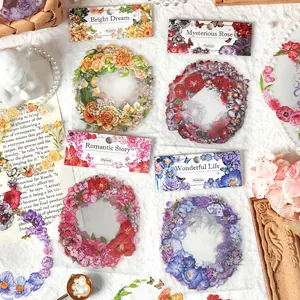 Vintage PET Floral Wreath Stickers Waterproof Transparent Botanical Decorative Decals For Scrapbooking Journaling DIY Arts