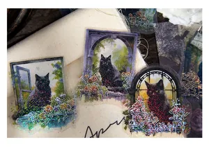 Glittering black cat window stickers for journals with vintage laser PET finish