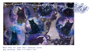 Macro shot of glittery black cat stickers with holographic moon and star starry designs