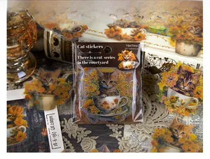 Retro cat and teacup stickers set showing detailed vintage illustration with 45 pieces