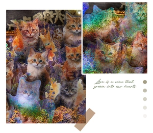 Close-up of laser holographic cat stickers with realistic kitten patterns and floral accents