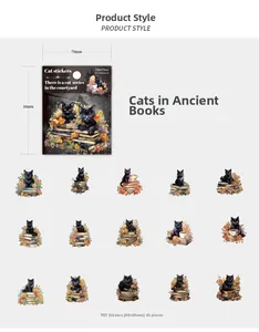Macro view of Cats in Ancient Books PET stickers with black cat and floral designs