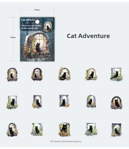 Detail view of 45pcs cat themed PET stickers with realistic black cat illustrations