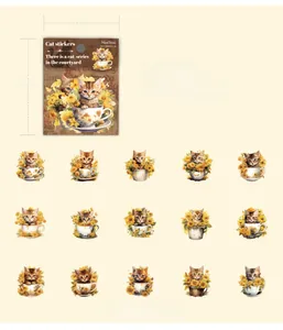 Macro shot of 45pcs PET stickers featuring various kitten illustrations in floral teacups