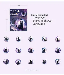 Detailed grid showing 15 black cat starry night PET stickers with size 60x60mm specs
