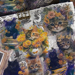 Retro cat stickers with gold foil and laser finish for scrapbooking floral cat themes