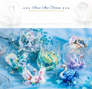Detail of iridescent swan stickers featuring shell light effect and holographic glitter finish