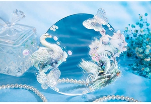 Macro detail of swan ballet stickers with holographic shell finish on a mirror