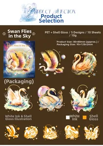Detailed specs of swan PET stickers with iridescent shell light and white ink finish