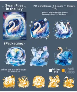 Macro detail of PET swan stickers with shell luster effect and white ink printing