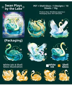 Detail of swan PET stickers with shell pearl finish and white ink for scrapbooking