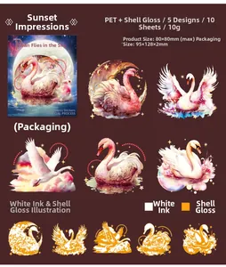 Macro shot of shell-light PET stickers with swan illustrations and white ink details