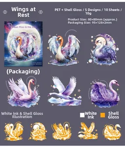 Detail view of Swan theme PET stickers with shell light finish and printing specifications