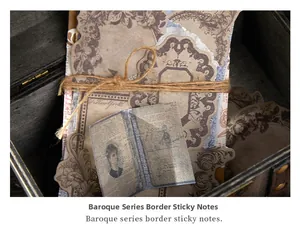 Close-up of Baroque vintage frame memo pads with translucent newspaper texture and twine