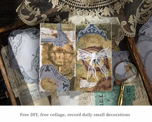 Detail of vintage scrapbooking paper set with botanical motifs and ornate borders