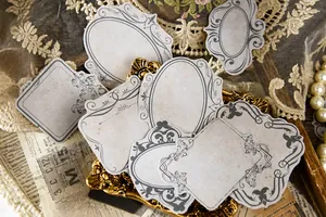 Detailed view of vintage European border labels on antique newspapers and lace