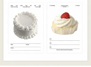 Détail de notes autocollantes style coréen avec illustrations de gâteaux et planning hebdo