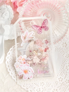 Close-up of vintage aesthetic acrylic decorative tag with angel and floral motifs