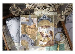 Macro detail of vintage scrapbooking paper with retro frames and nautical illustrations