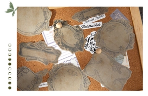 Detail of vintage scrapbooking labels with floral motifs and classic literary typography
