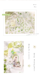 Detail of green leaf and flower PET stickers for journaling with botanical art motifs