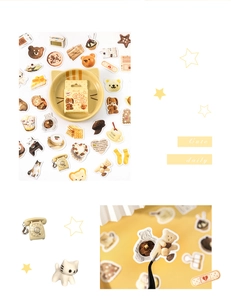Close-up of cute hand-drawn coffee and animal stickers for DIY planners and journals