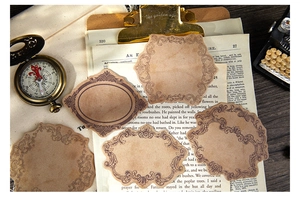 Detailed view of vintage frame stickers on antique paper background for journaling