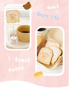 Detail of toast-shaped memo notes with paw prints in a creative stationery setup