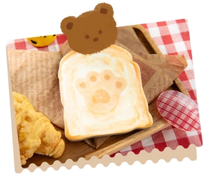 Macro shot of paw print toast sticky notes on a rustic wooden tray with checkered fabric